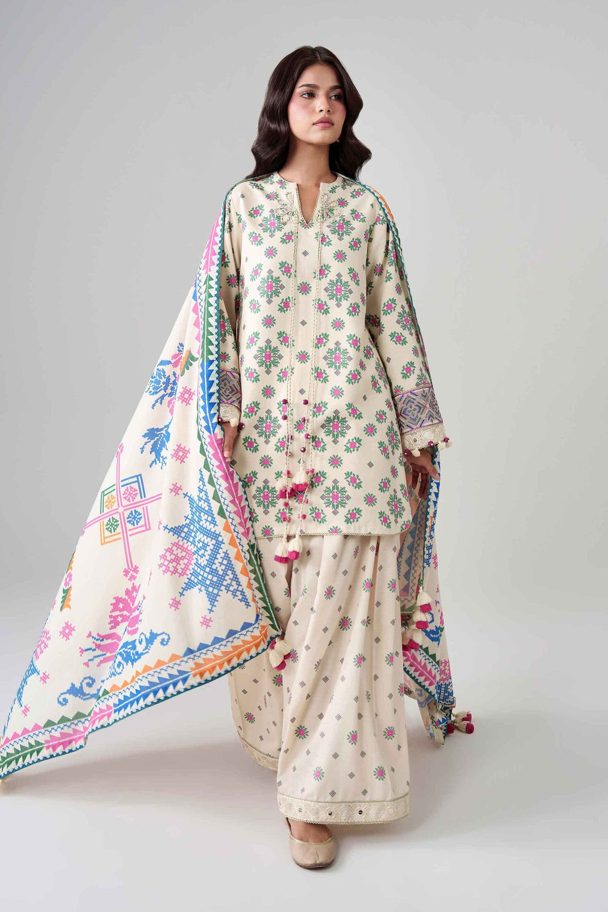 Beige 3-Piece Printed Embroidered Suit in Khaddar unstitched