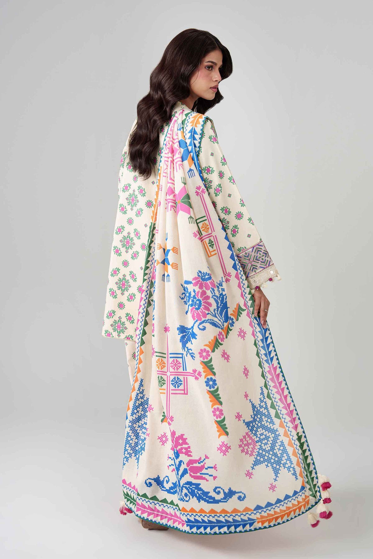 Beige 3-Piece Printed Embroidered Suit in Khaddar unstitched