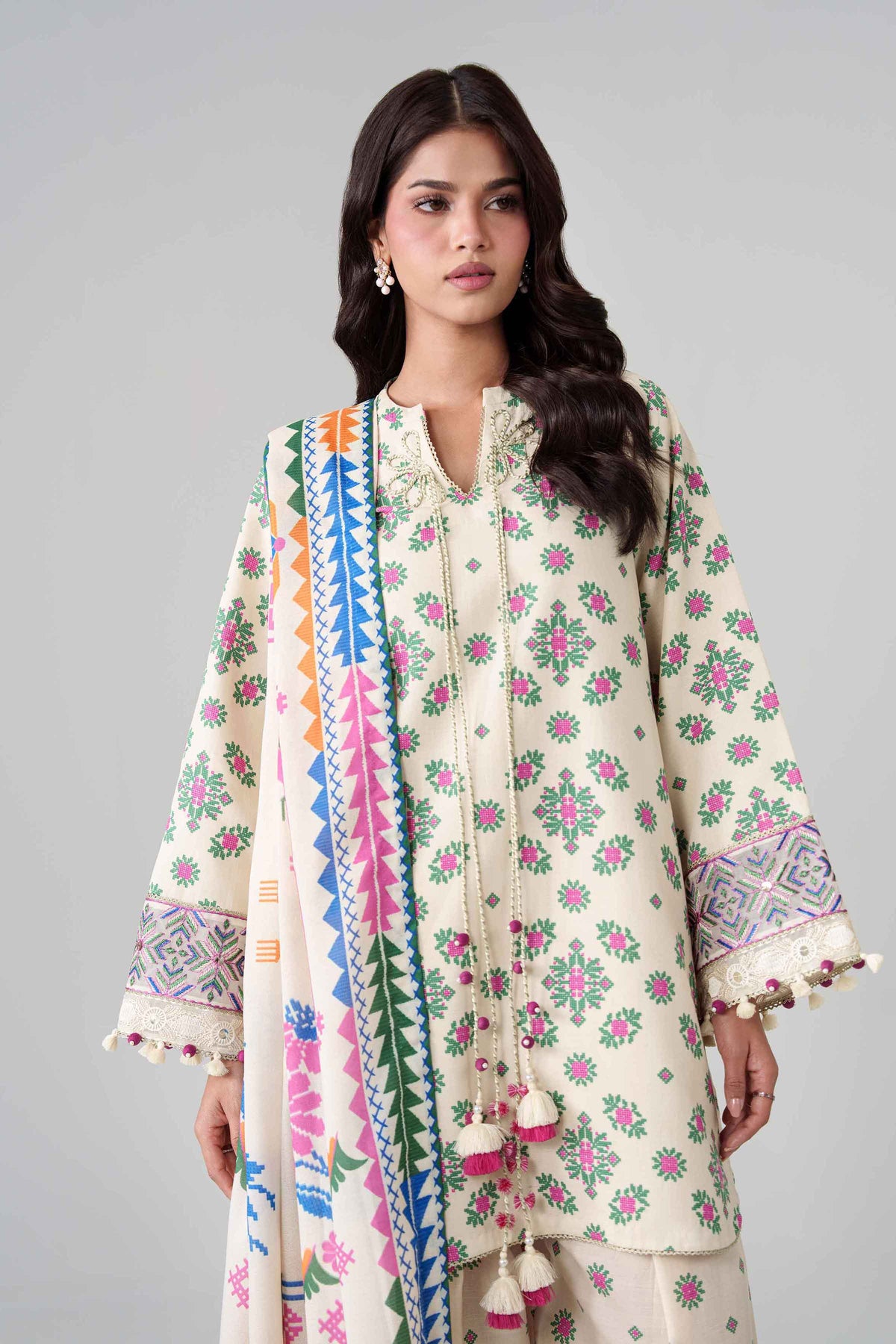 Beige 3-Piece Printed Embroidered Suit in Khaddar unstitched