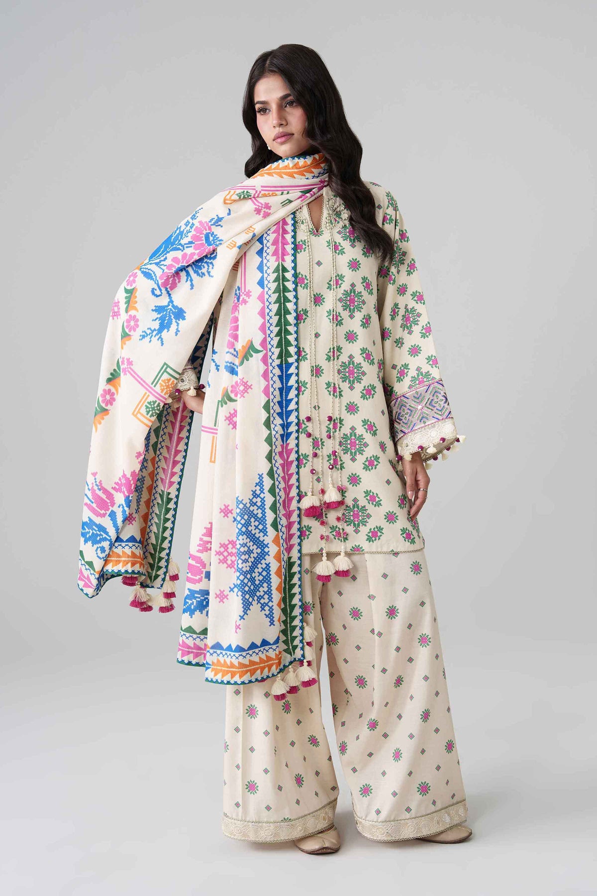 Beige 3-Piece Printed Embroidered Suit in Khaddar unstitched