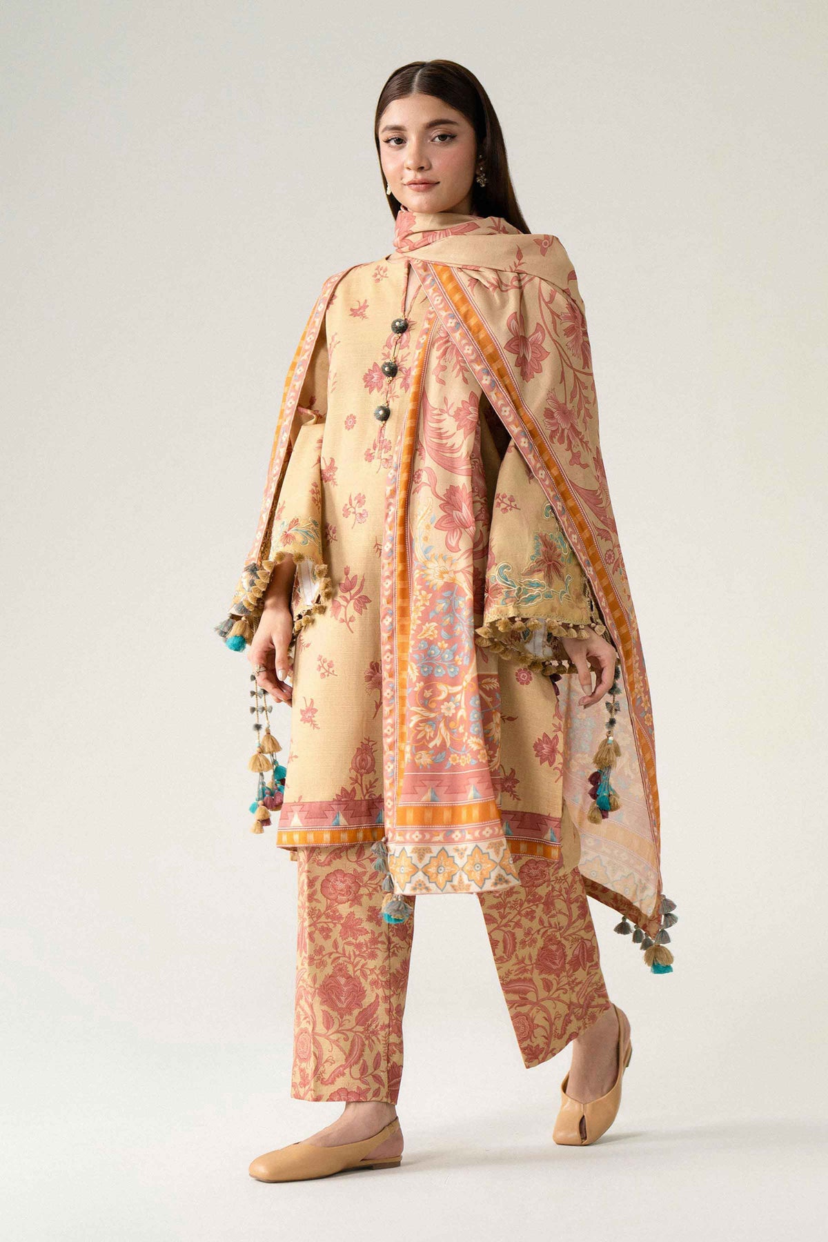 Multi 3-Piece Printed Embroidered Suit in Khaddar unstitched