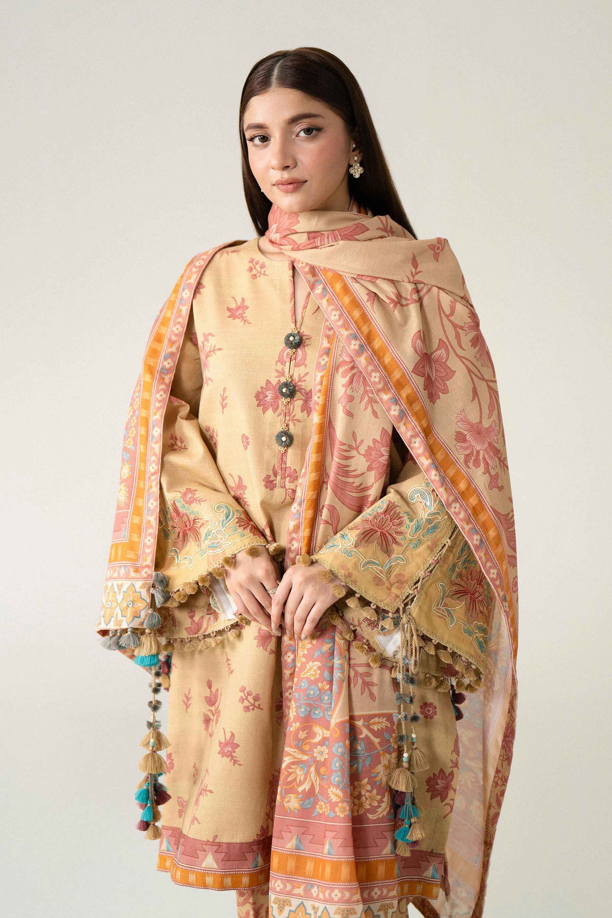 Multi 3-Piece Printed Embroidered Suit in Khaddar unstitched