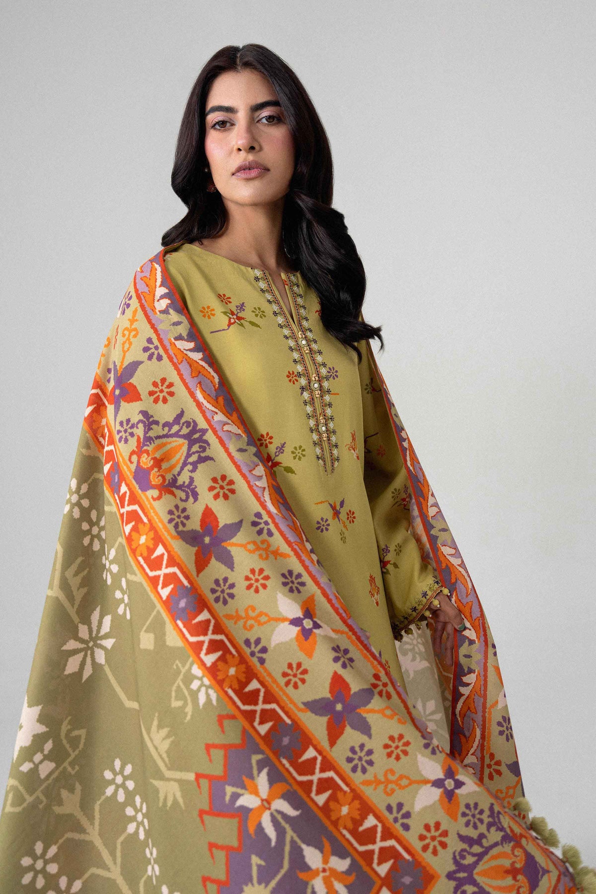 Yellow 3-Piece Printed Embroidered Suit in Khaddar unstitched