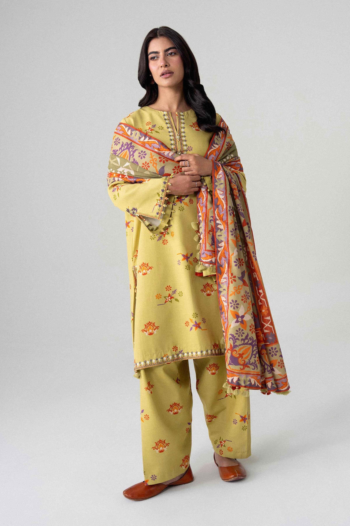 Yellow 3-Piece Printed Embroidered Suit in Khaddar unstitched