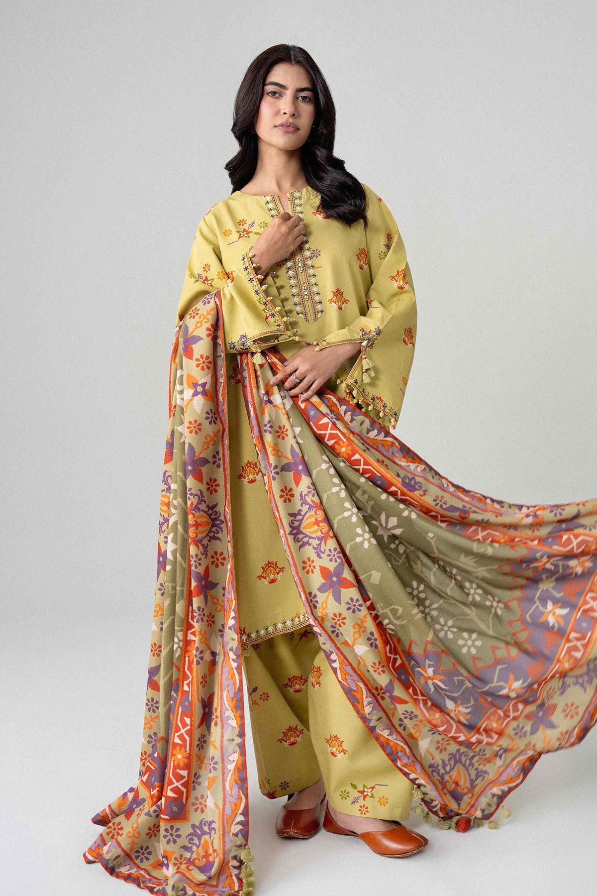 Yellow 3-Piece Printed Embroidered Suit in Khaddar unstitched