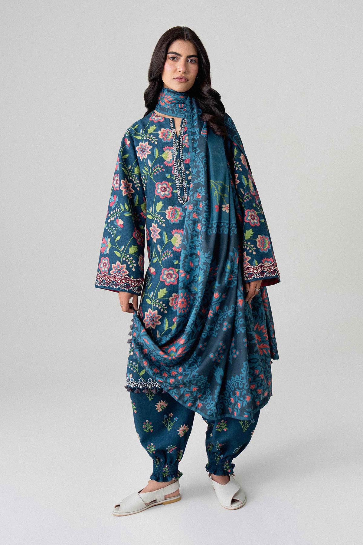 Blue 3-Piece Printed Embroidered Suit in Khaddar unstitched
