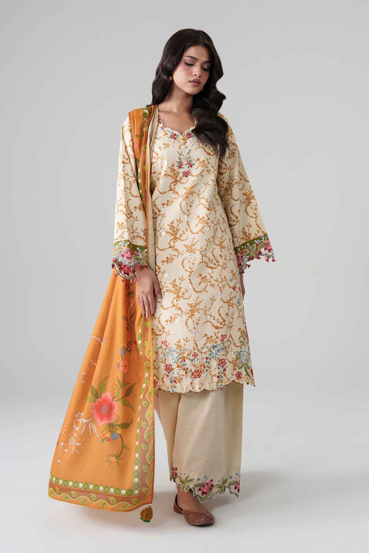 Beige 3-Piece Digital Printed Embroidered Suit in Khaddar unstitched