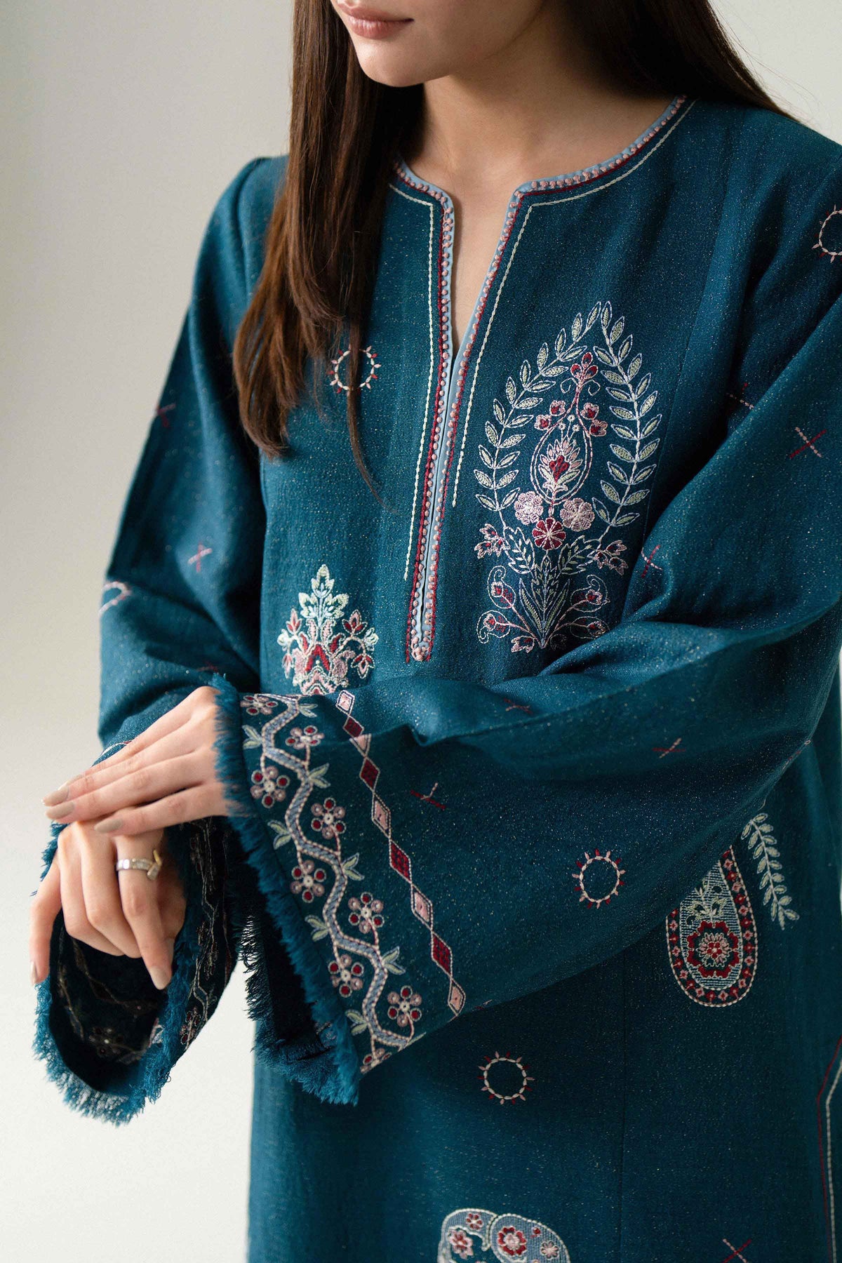 Blue 2-Piece Embroidered Suit in Viscose Zari unstitched