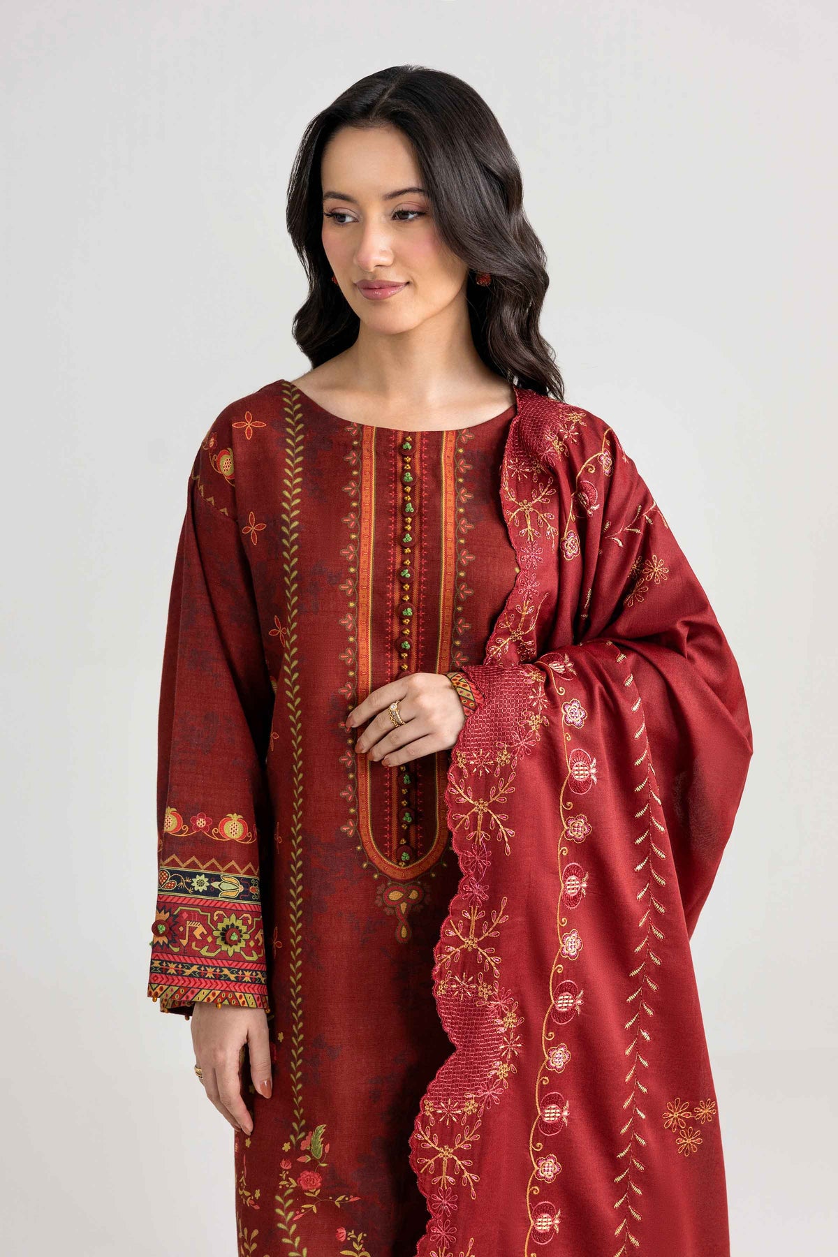 3-Piece Digital Printed Embroidered Suit in Khaddar unstitched