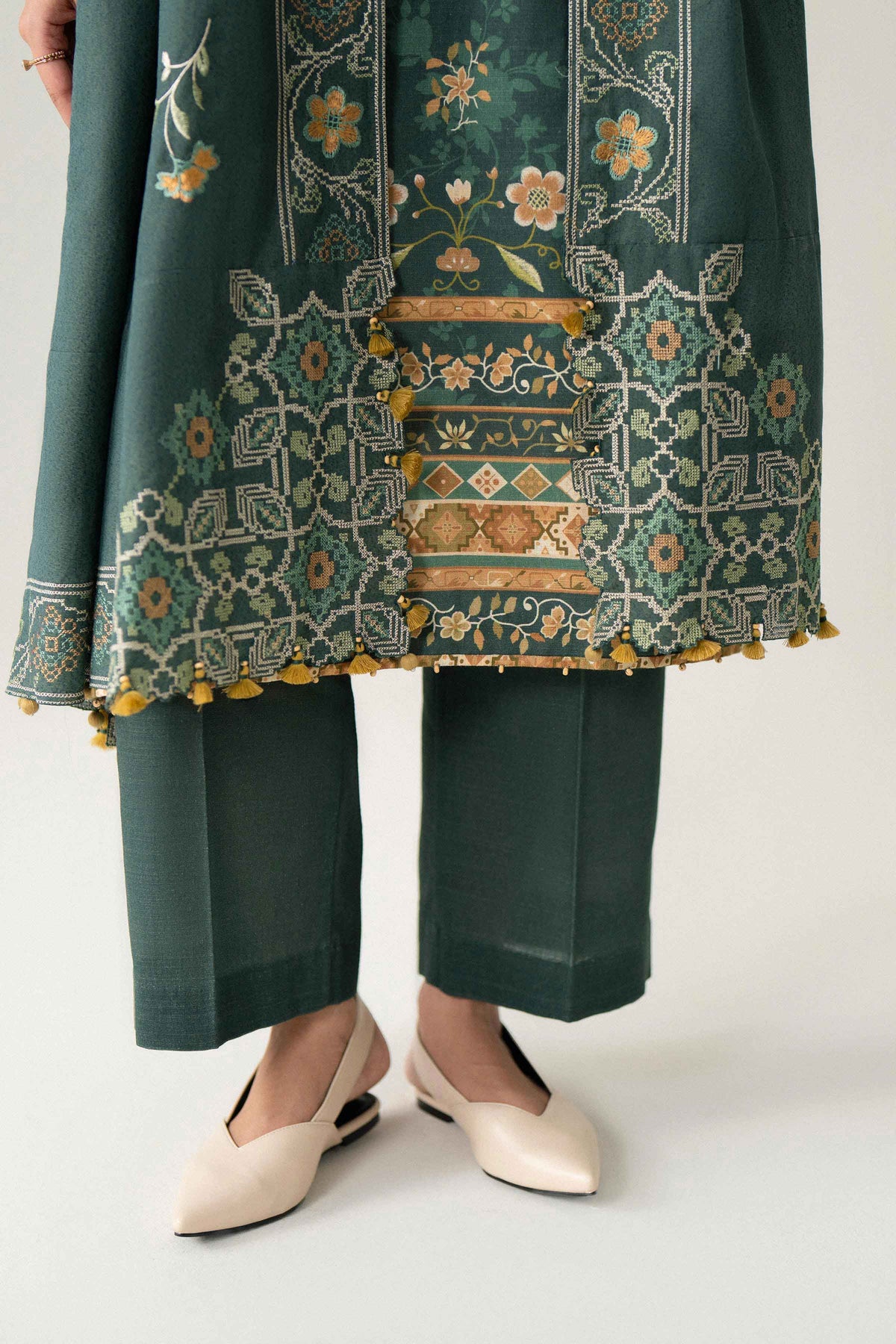 Green 3-Piece Digital Printed Embroidered Suit in Khaddar unstitched