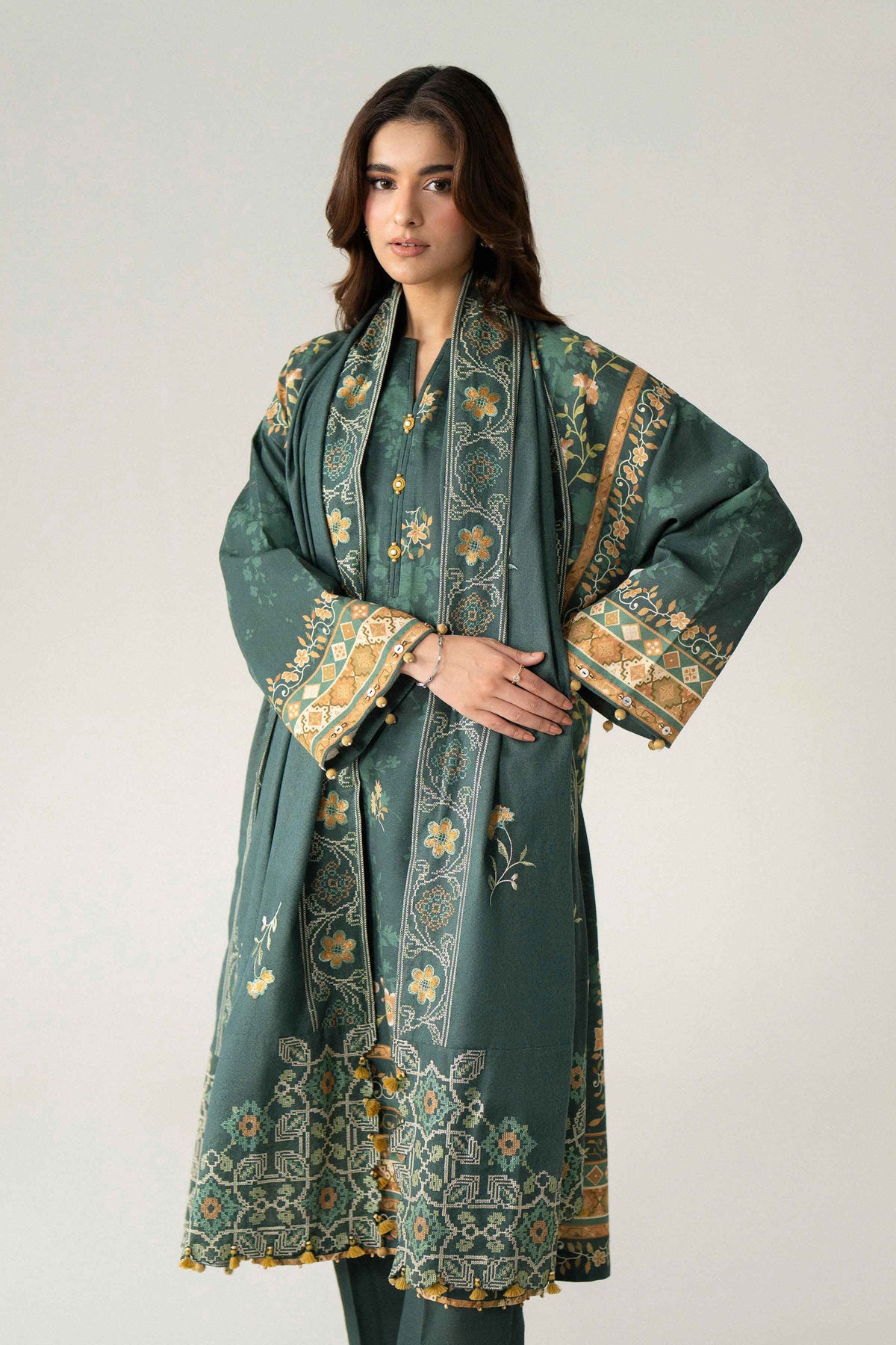 Green 3-Piece Digital Printed Embroidered Suit in Khaddar unstitched