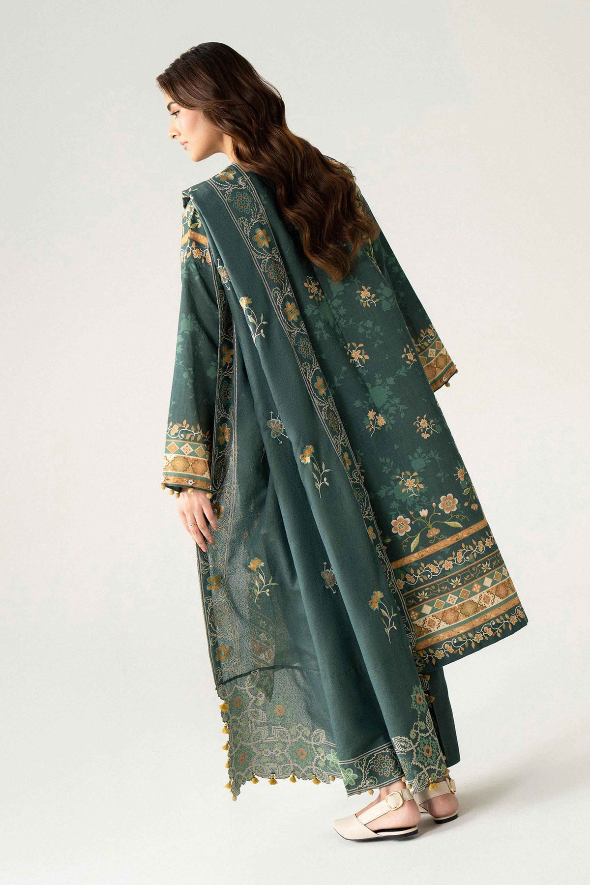 Green 3-Piece Digital Printed Embroidered Suit in Khaddar unstitched