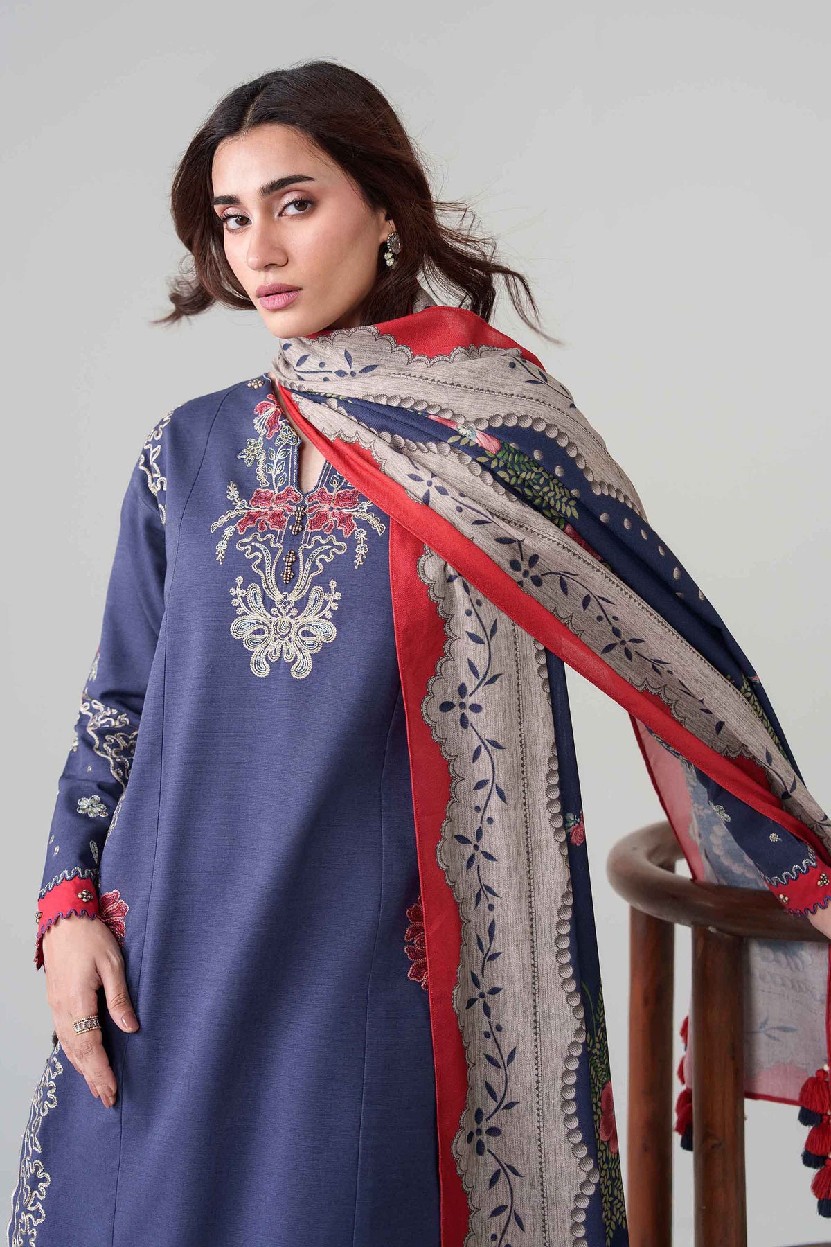 Blue 3-Piece Digital Printed Embroidered Suit in Khaddar unstitched