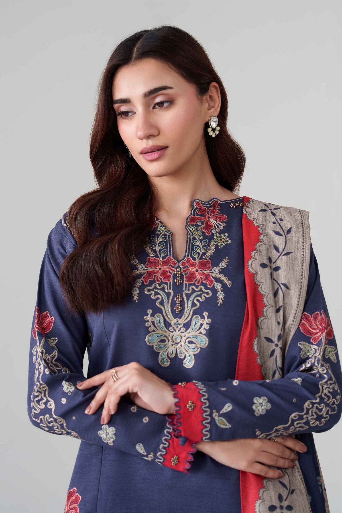 Blue 3-Piece Digital Printed Embroidered Suit in Khaddar unstitched