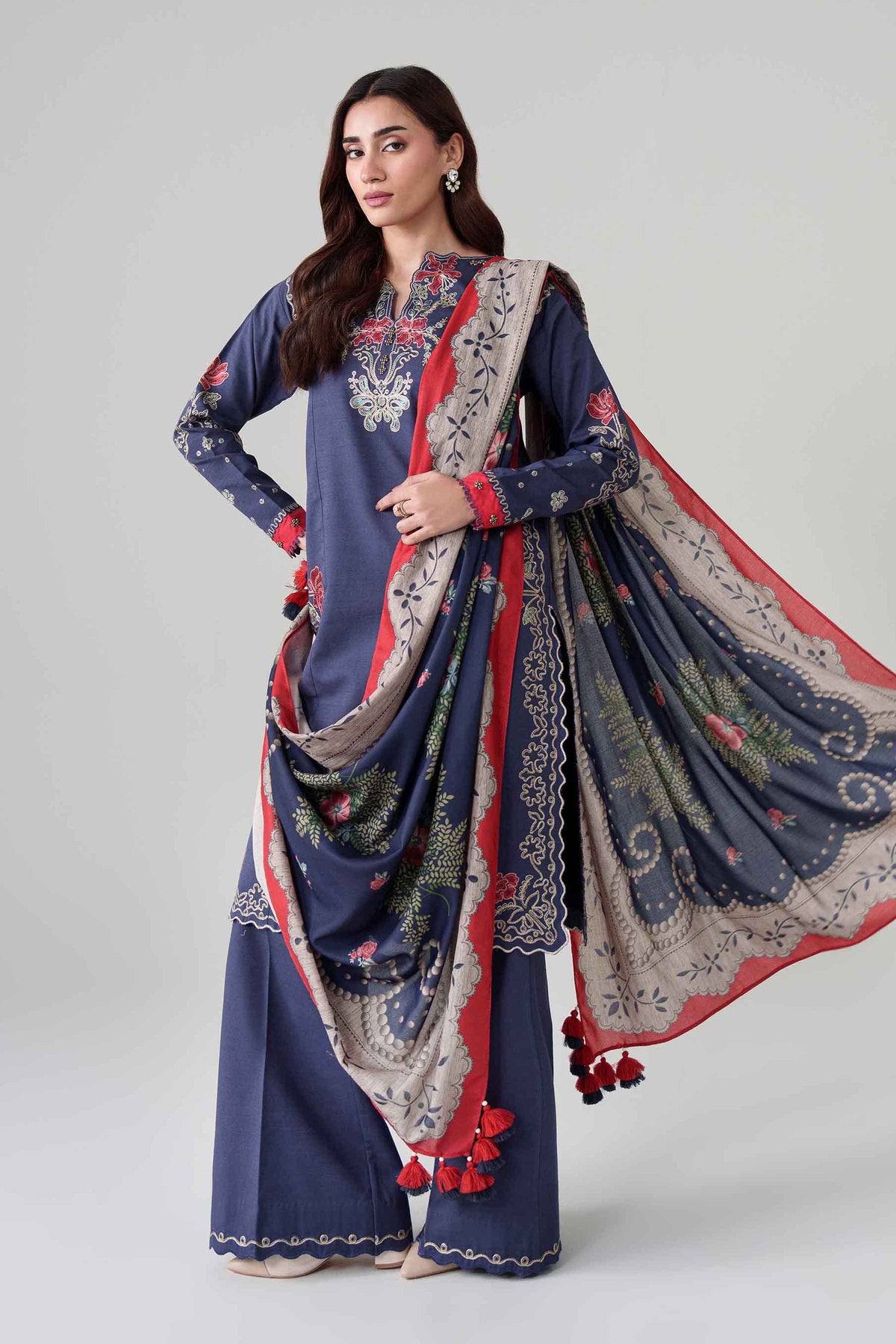 Blue 3-Piece Digital Printed Embroidered Suit in Khaddar unstitched