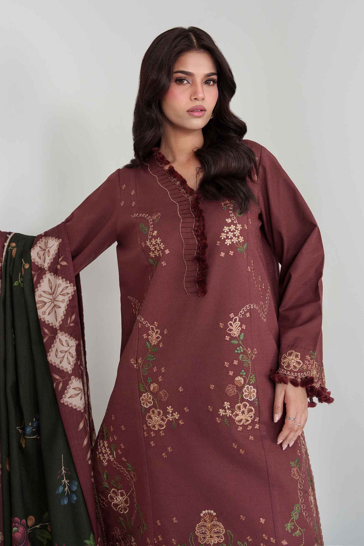 Brown 3-Piece Digital Printed Embroidered Suit in Khaddar unstitched