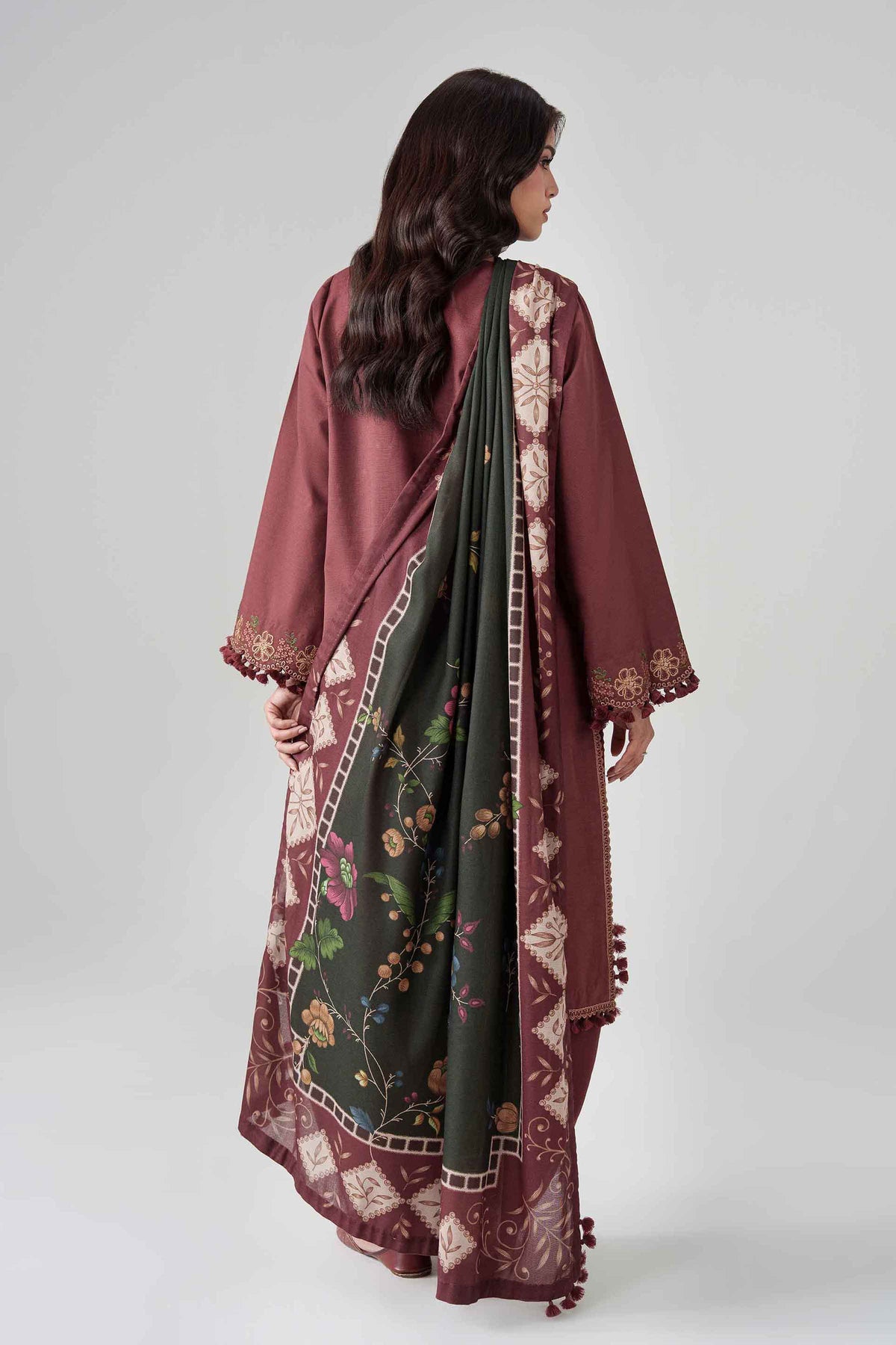 Brown 3-Piece Digital Printed Embroidered Suit in Khaddar unstitched
