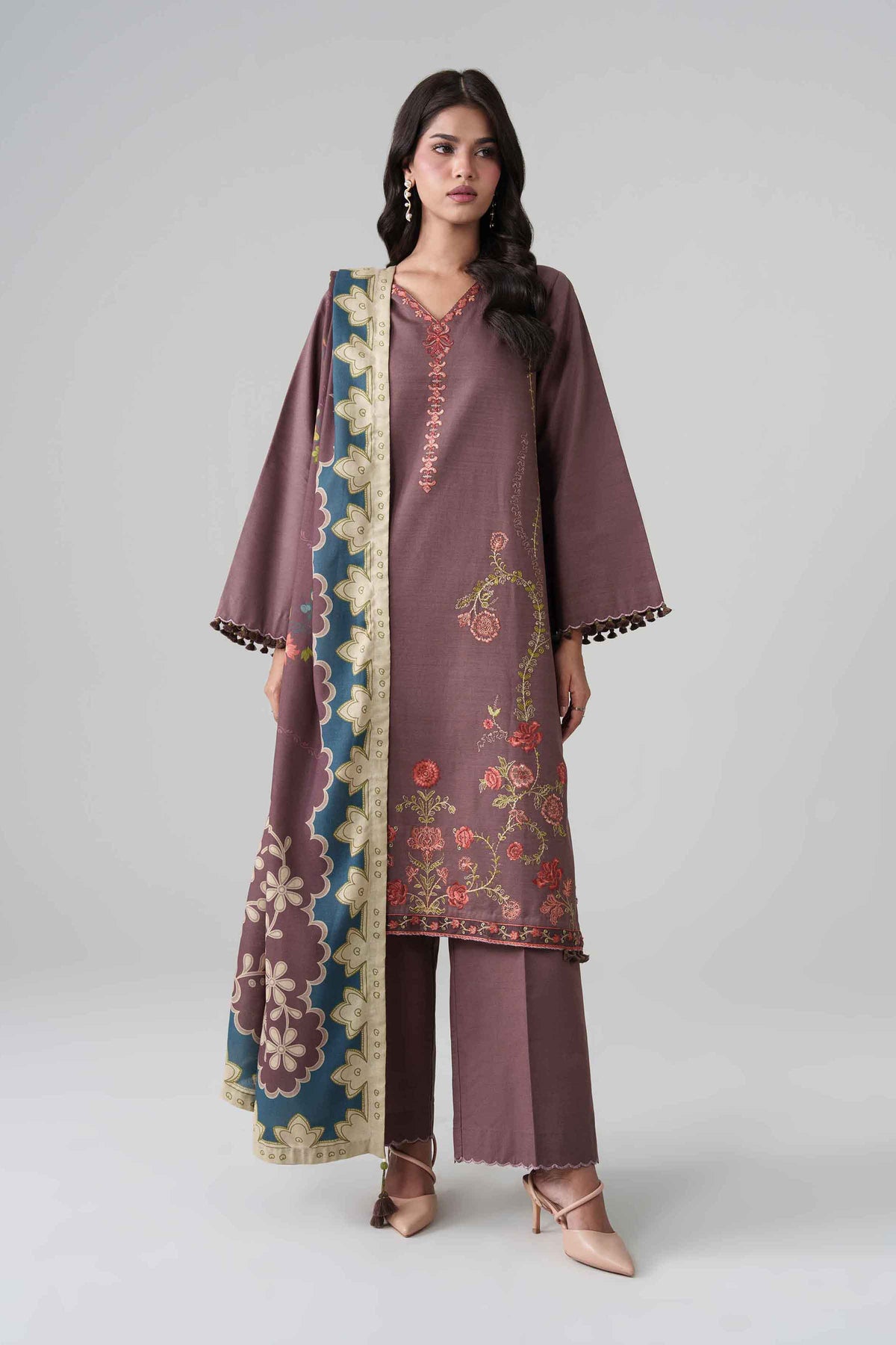 Brown 3-Piece Digital Printed Embroidered Suit in Khaddar unstitched