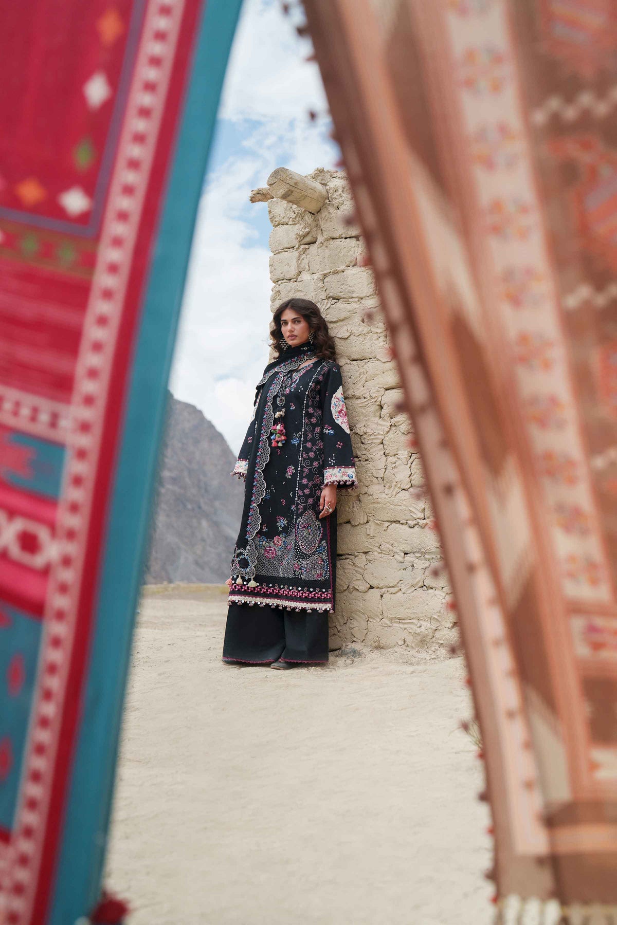 Black 3-Piece Printed Embroidered Suit in Karandi unstitched