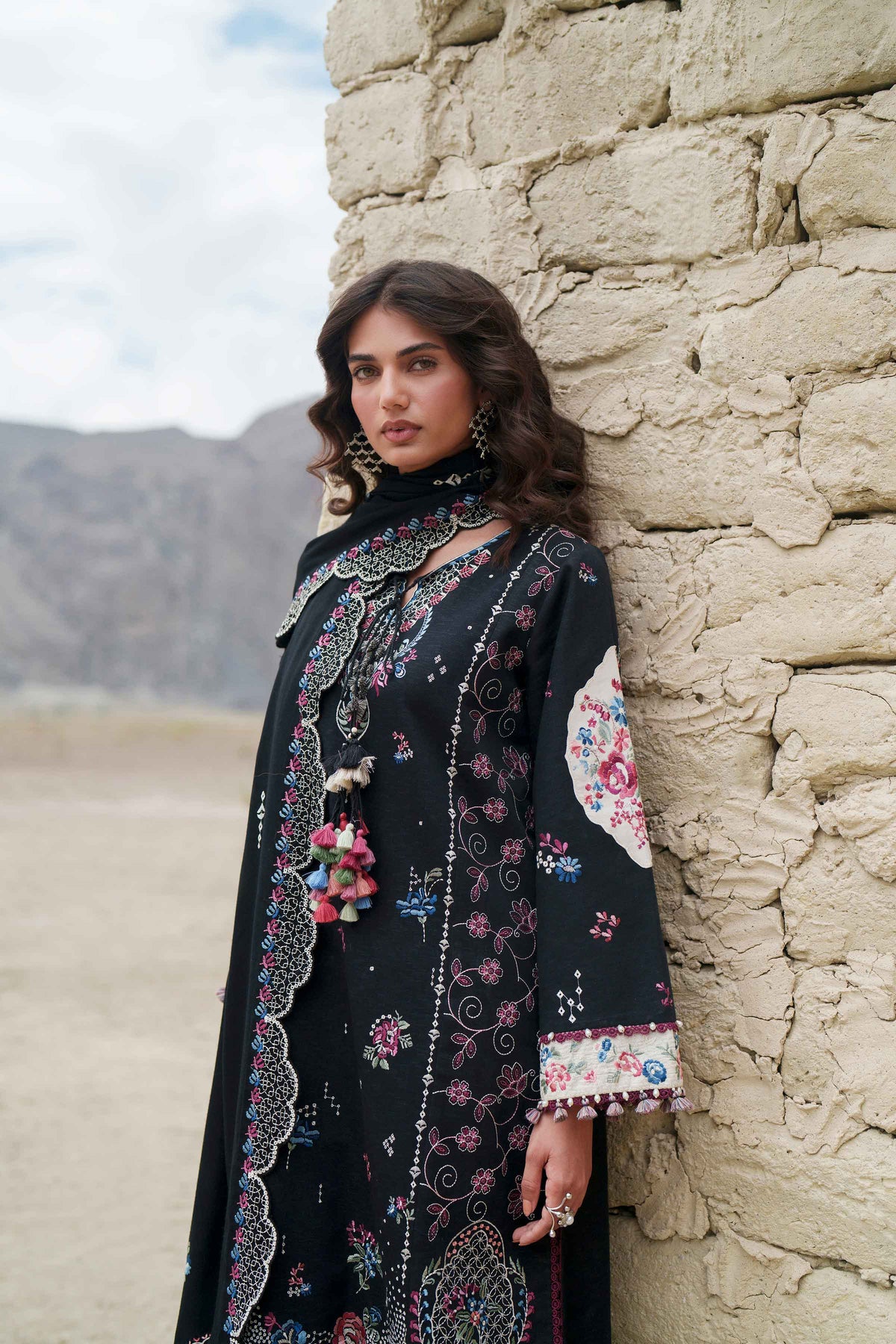 Black 3-Piece Printed Embroidered Suit in Karandi unstitched