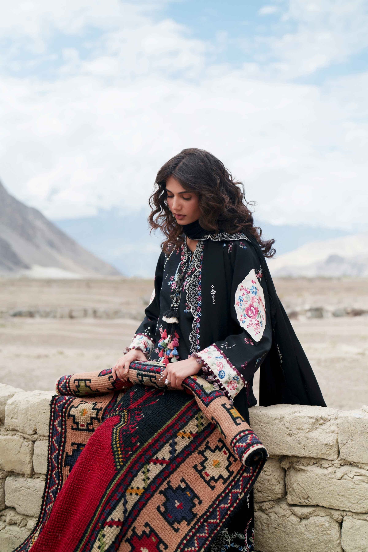 Black 3-Piece Printed Embroidered Suit in Karandi unstitched