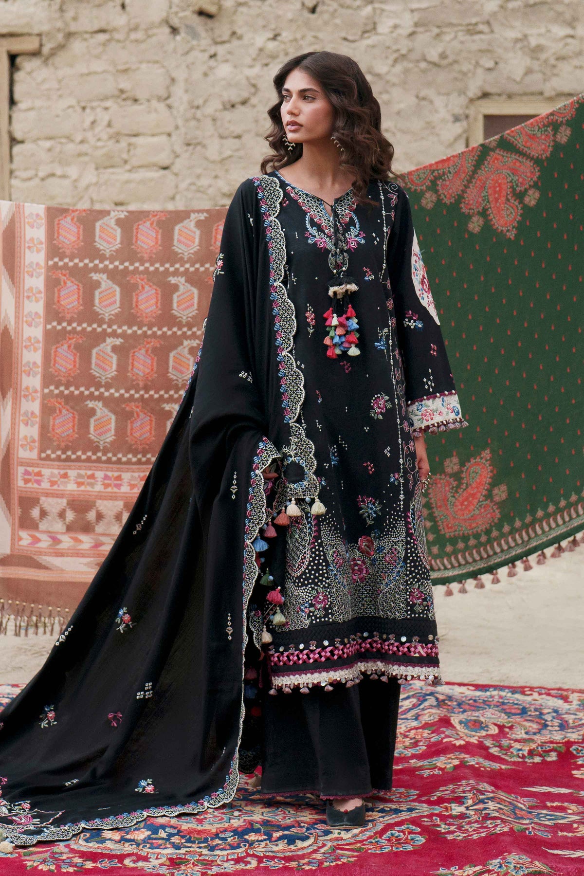 Black 3-Piece Printed Embroidered Suit in Karandi unstitched