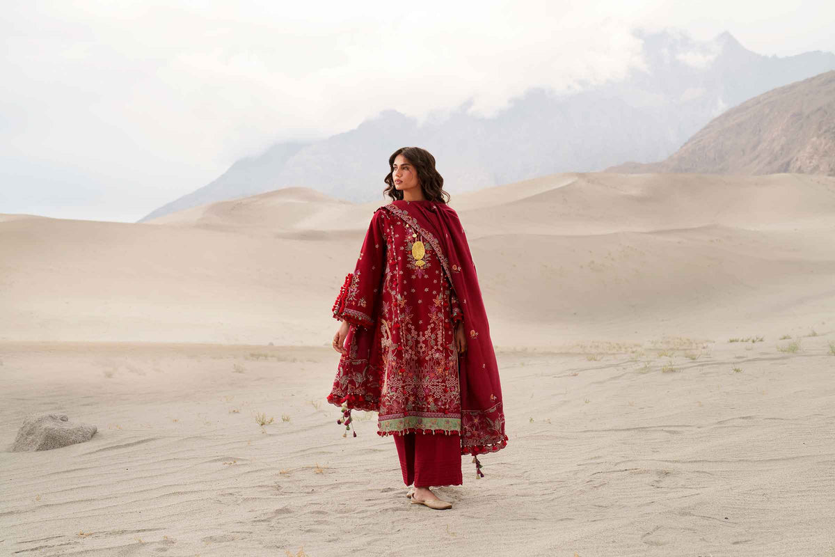 Maroon 3-Piece Printed Embroidered Suit in Karandi unstitched