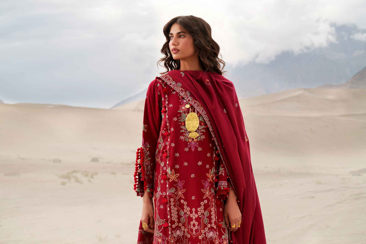Maroon 3-Piece Printed Embroidered Suit in Karandi unstitched
