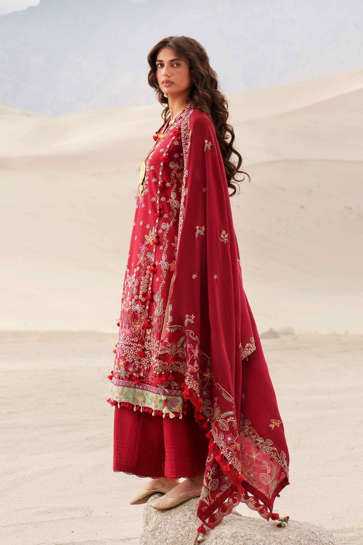 Maroon 3-Piece Printed Embroidered Suit in Karandi unstitched