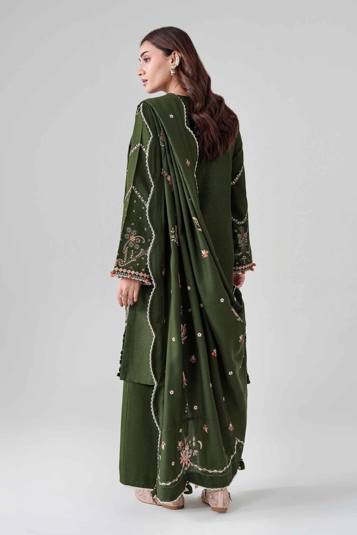 Green 3-Piece Printed Embroidered Suit in Karandi unstitched
