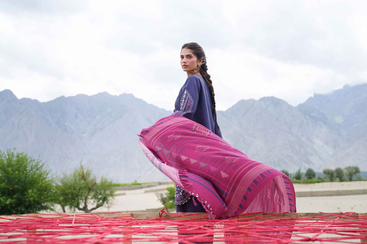 Blue 3-Piece Printed Embroidered Suit in Karandi unstitched