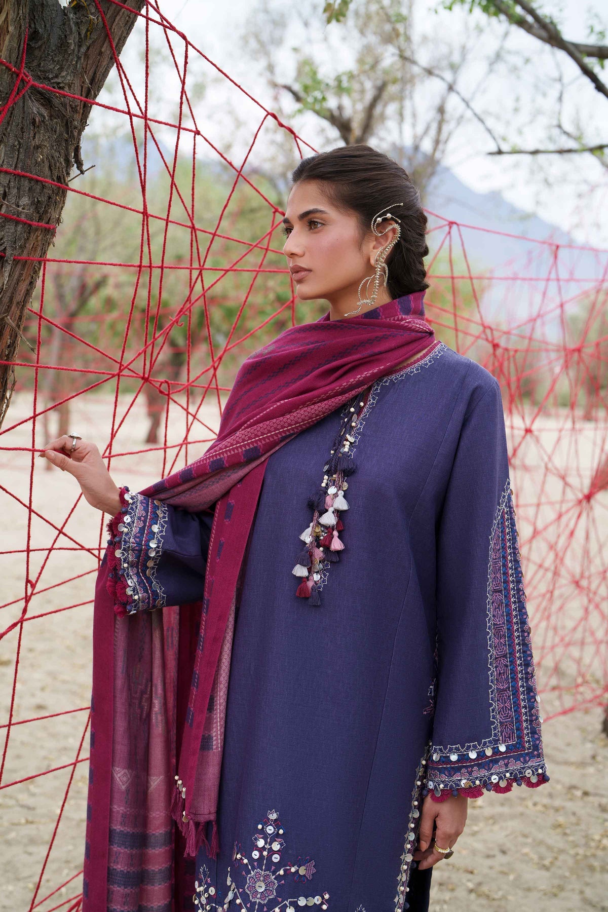 Blue 3-Piece Printed Embroidered Suit in Karandi unstitched