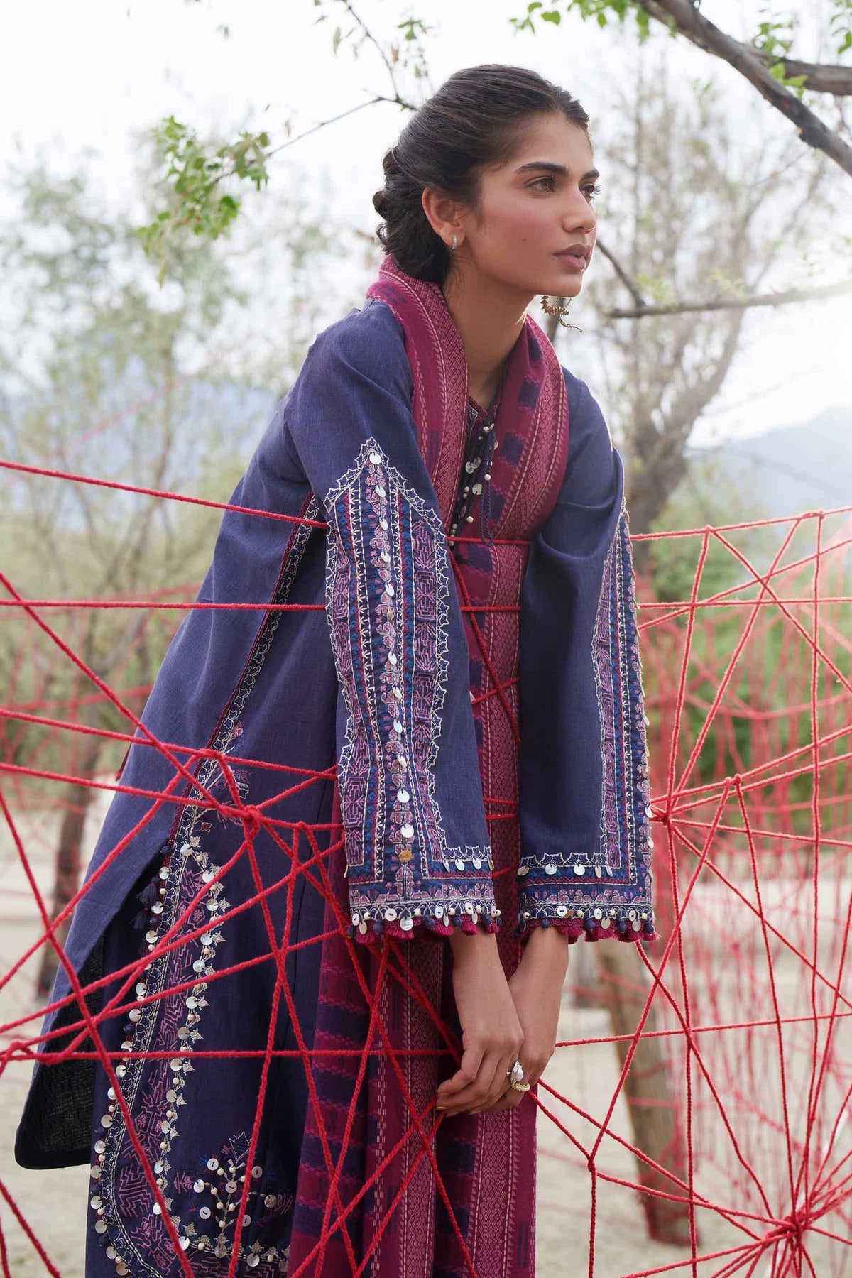 Blue 3-Piece Printed Embroidered Suit in Karandi unstitched
