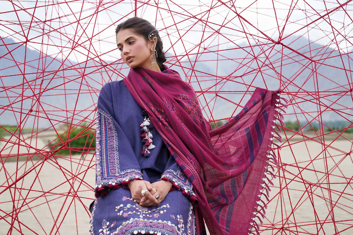 Blue 3-Piece Printed Embroidered Suit in Karandi unstitched