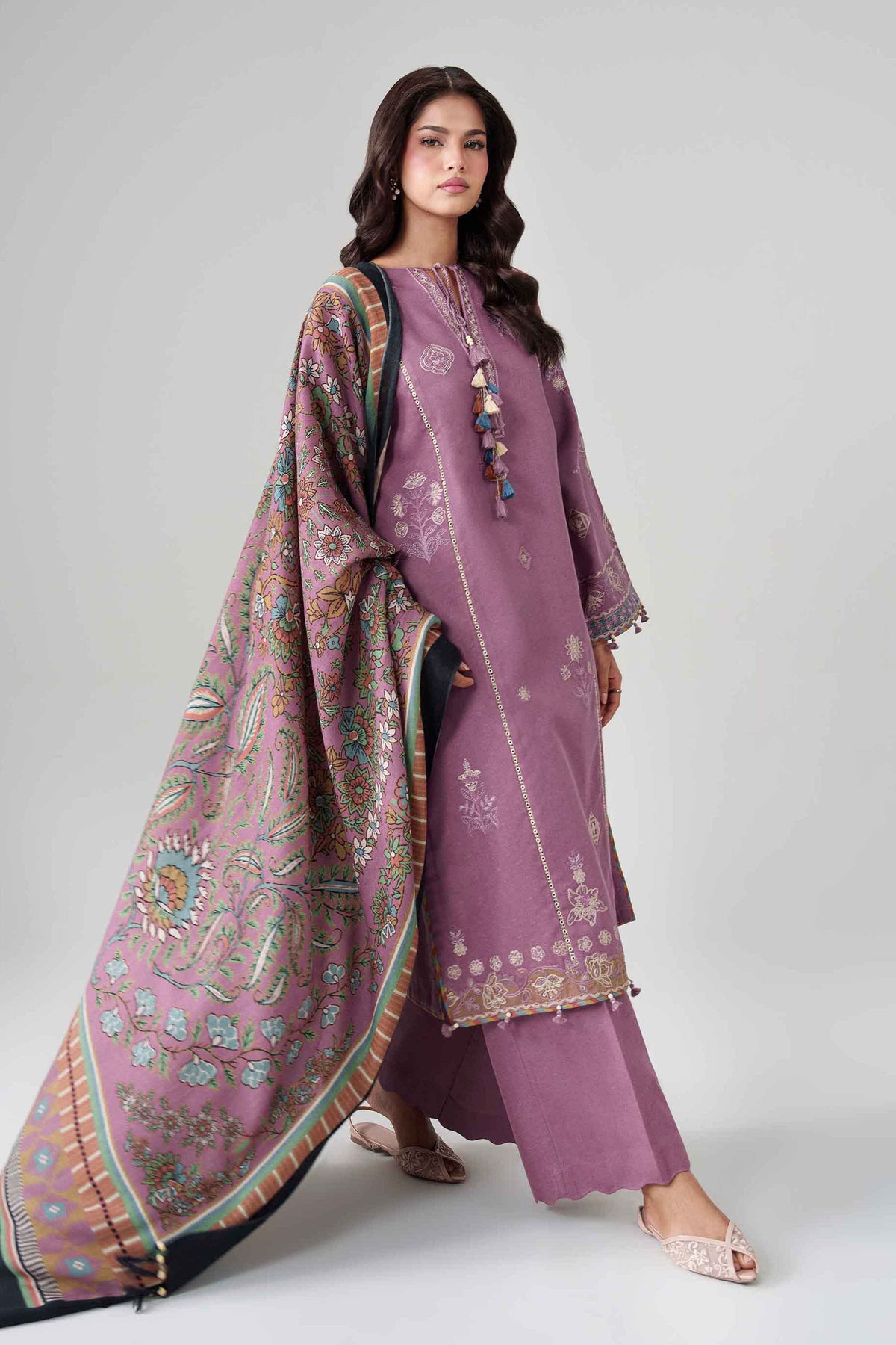 Purple 3-Piece Printed Embroidered Suit in Karandi unstitched