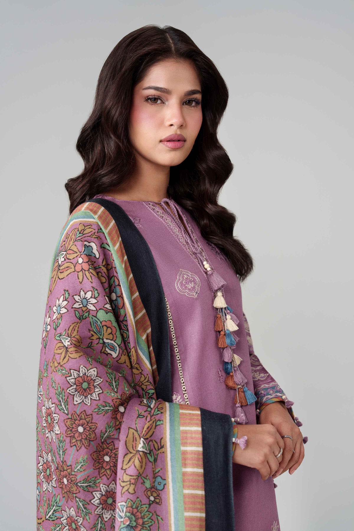 Purple 3-Piece Printed Embroidered Suit in Karandi unstitched