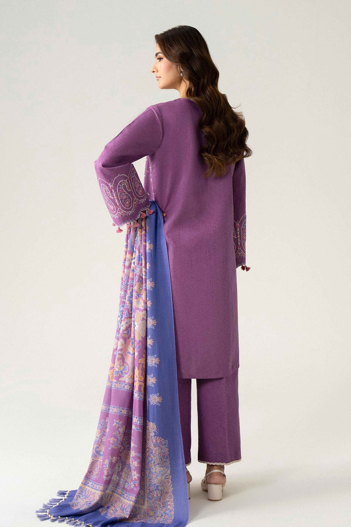 Purple 3-Piece Printed Embroidered Suit in Karandi unstitched