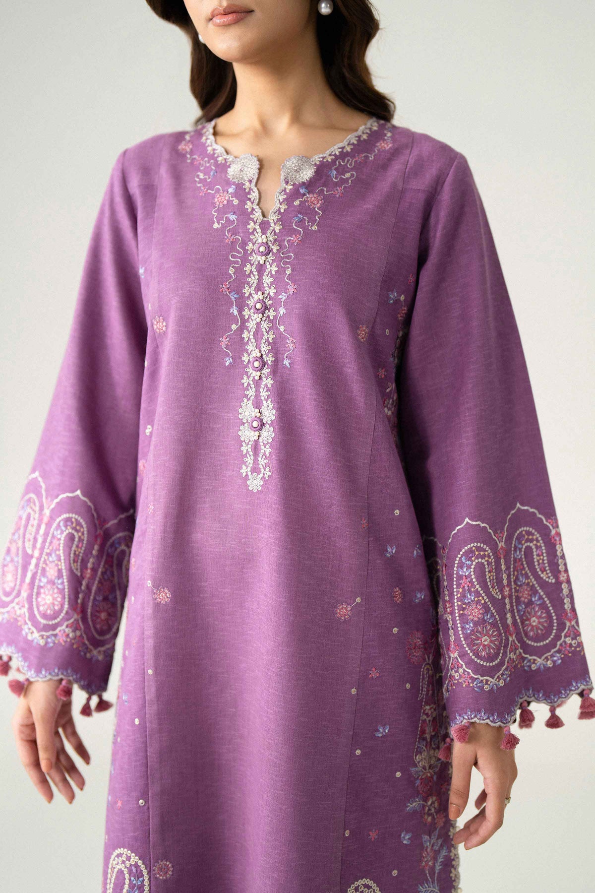 Purple 3-Piece Printed Embroidered Suit in Karandi unstitched