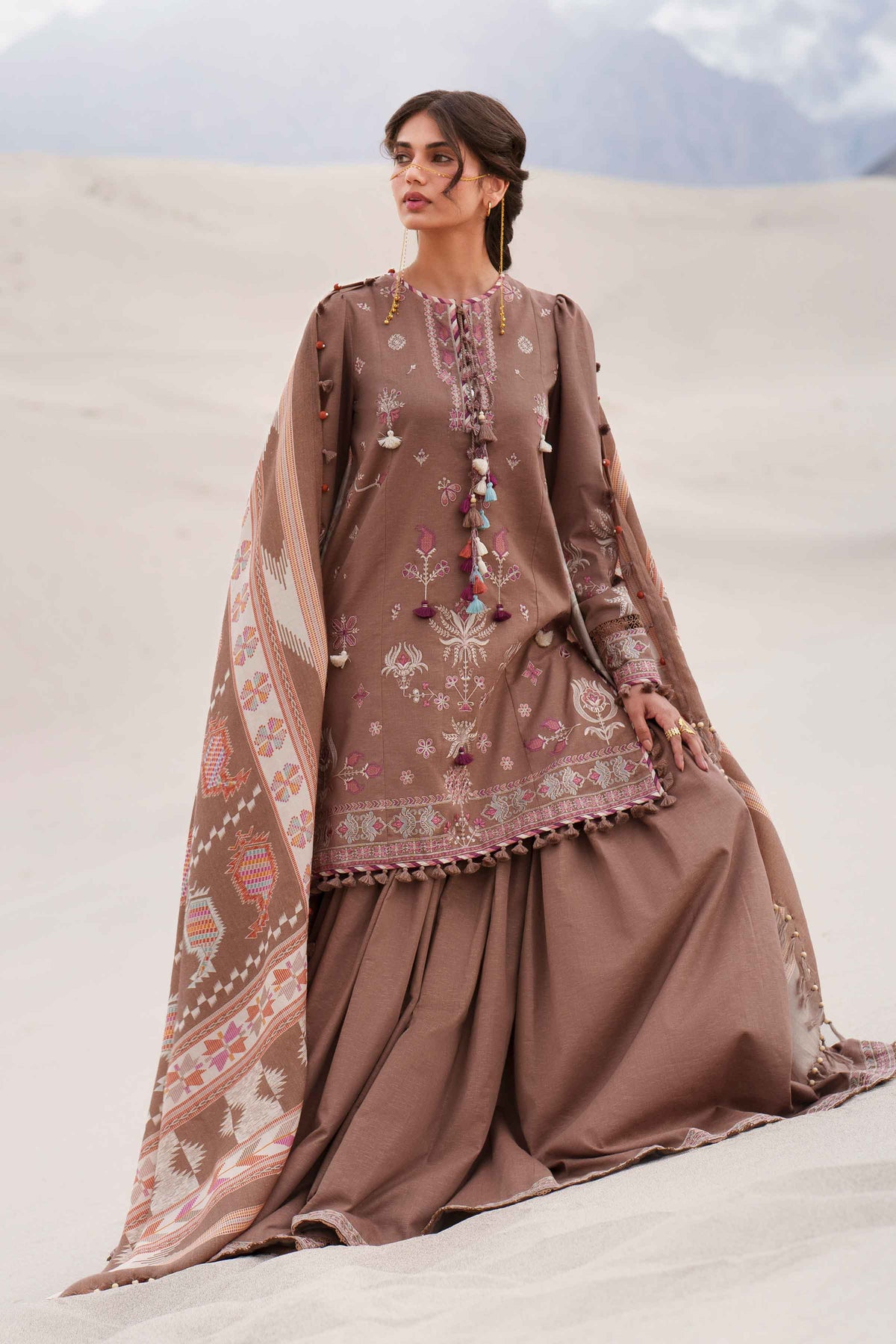 Brown 3-Piece Printed Embroidered Suit in Karandi unstitched
