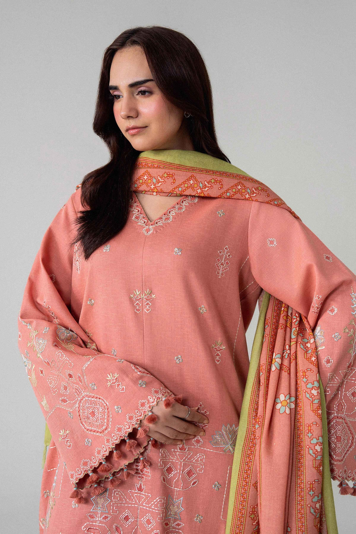 Pink 3-Piece Printed Embroidered Suit in Karandi unstitched