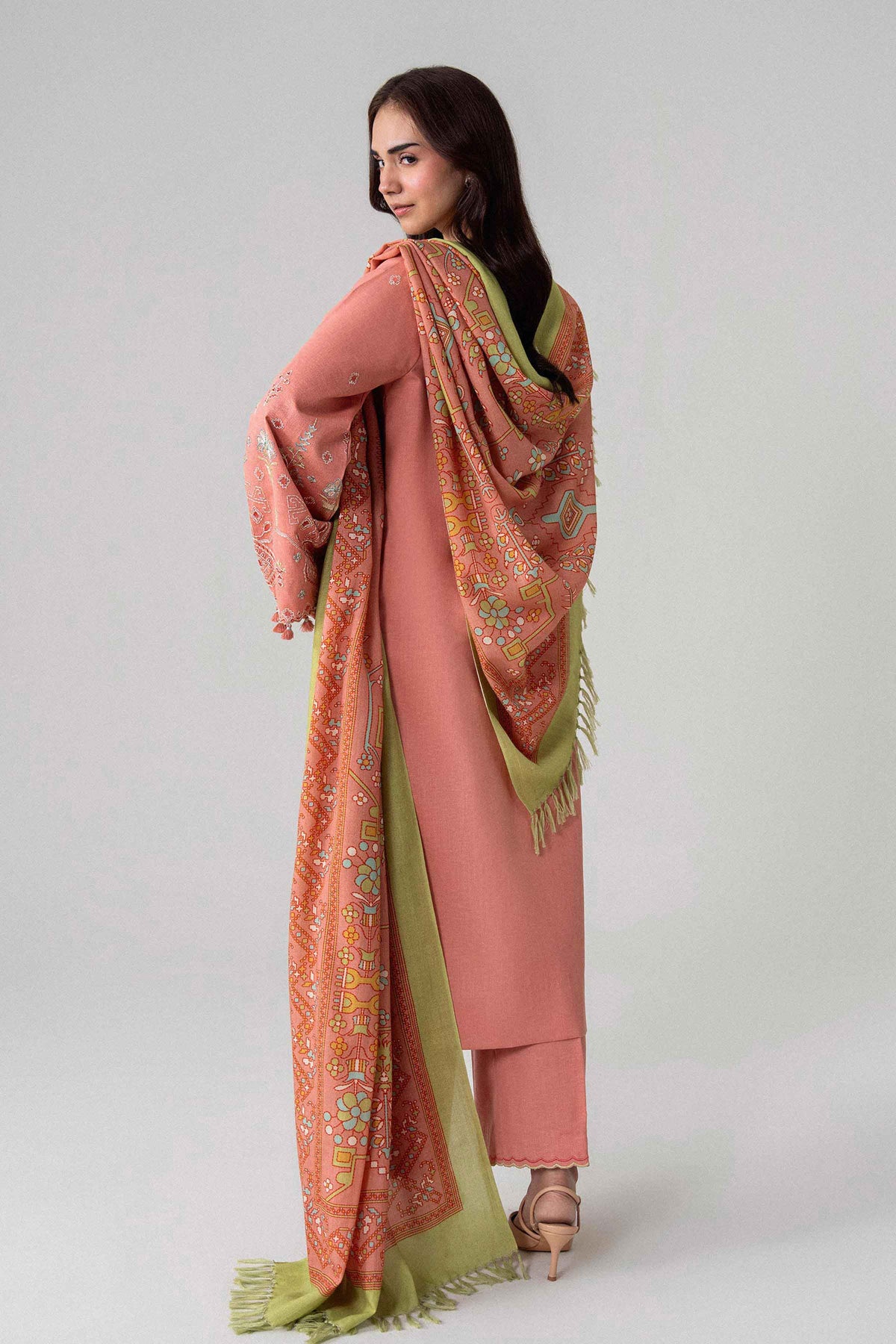 Pink 3-Piece Printed Embroidered Suit in Karandi unstitched
