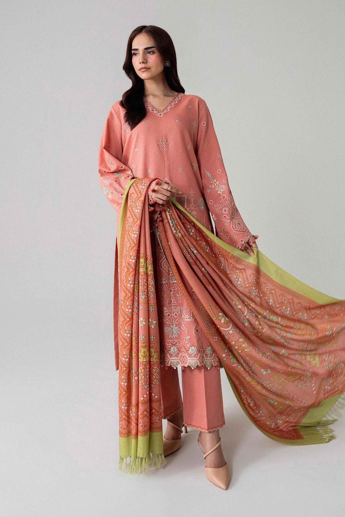 Pink 3-Piece Printed Embroidered Suit in Karandi unstitched