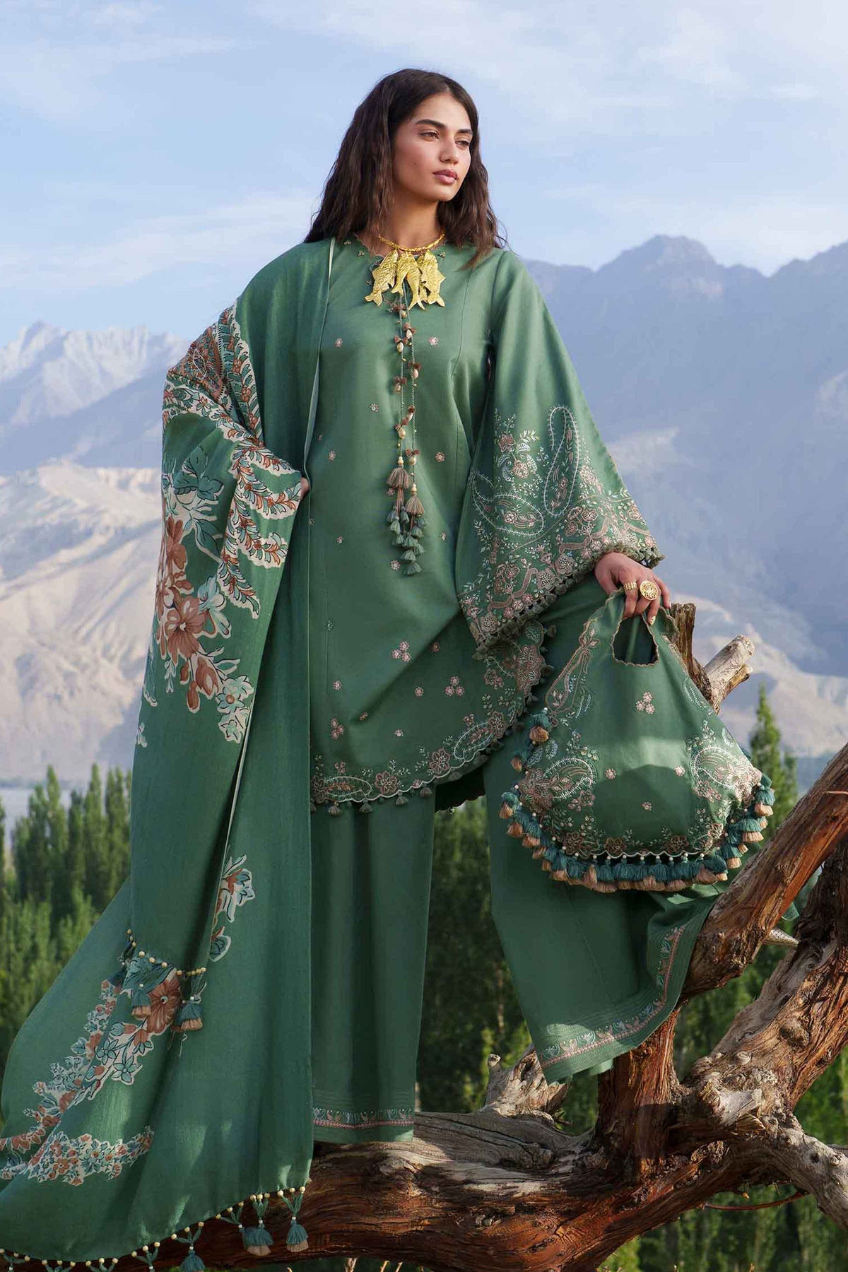 Green 3-Piece Printed Embroidered Suit in Karandi unstitched