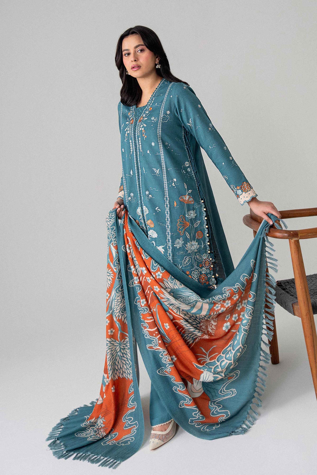 Blue 3-Piece Printed Embroidered Suit in Khaddar unstitched