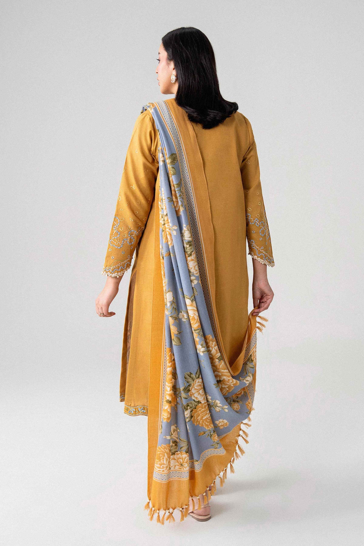 Yellow 3-Piece Printed Embroidered Suit in Khaddar unstitched