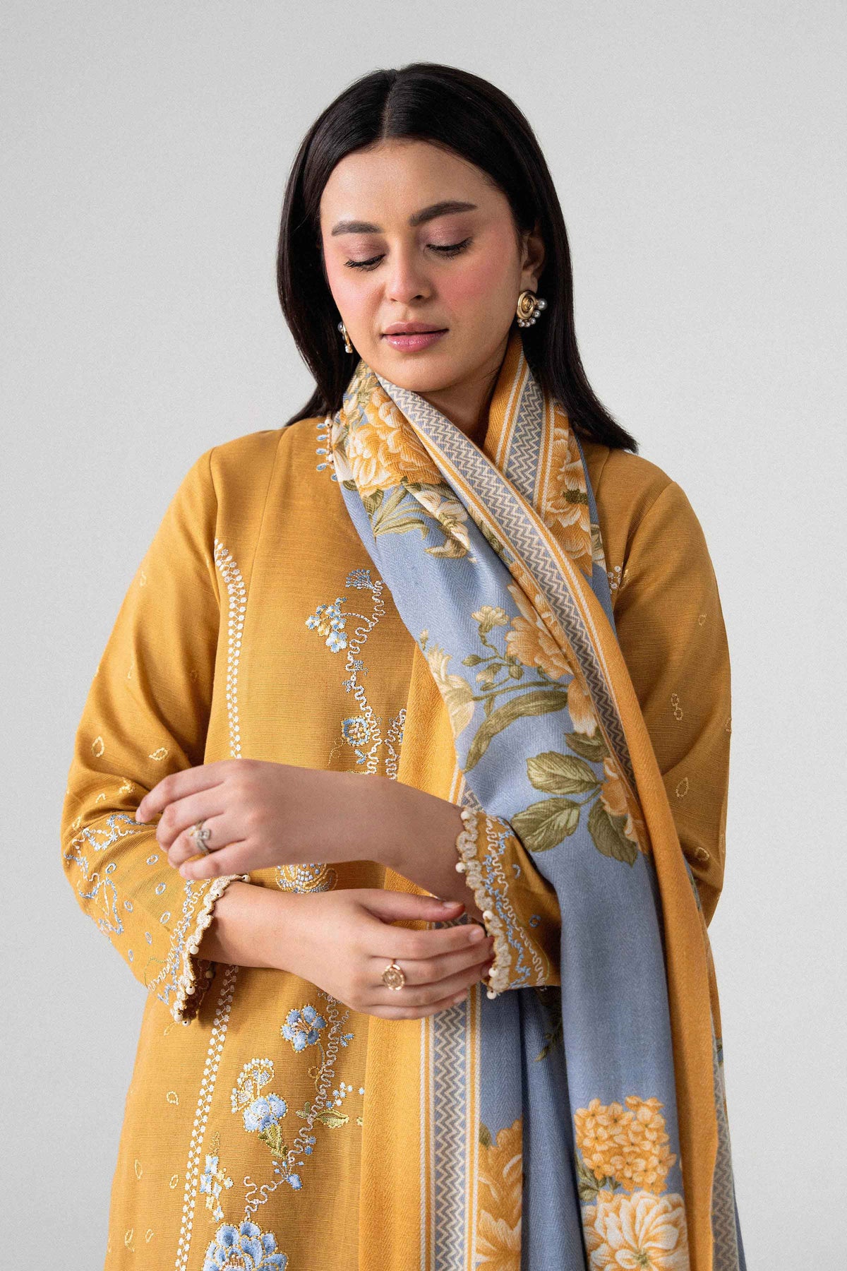 Yellow 3-Piece Printed Embroidered Suit in Khaddar unstitched