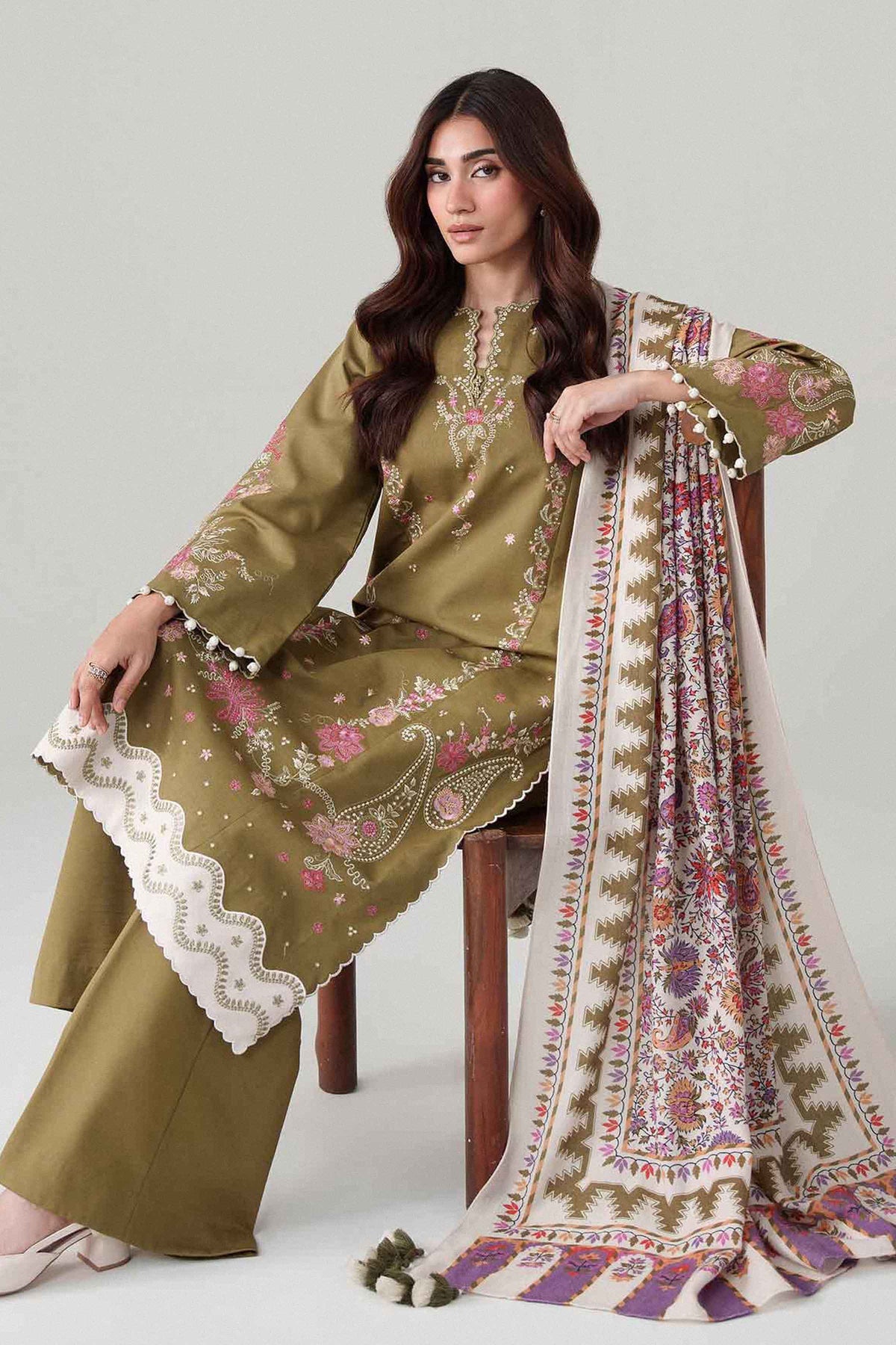 Green 3-Piece Printed Embroidered Suit in Khaddar unstitched