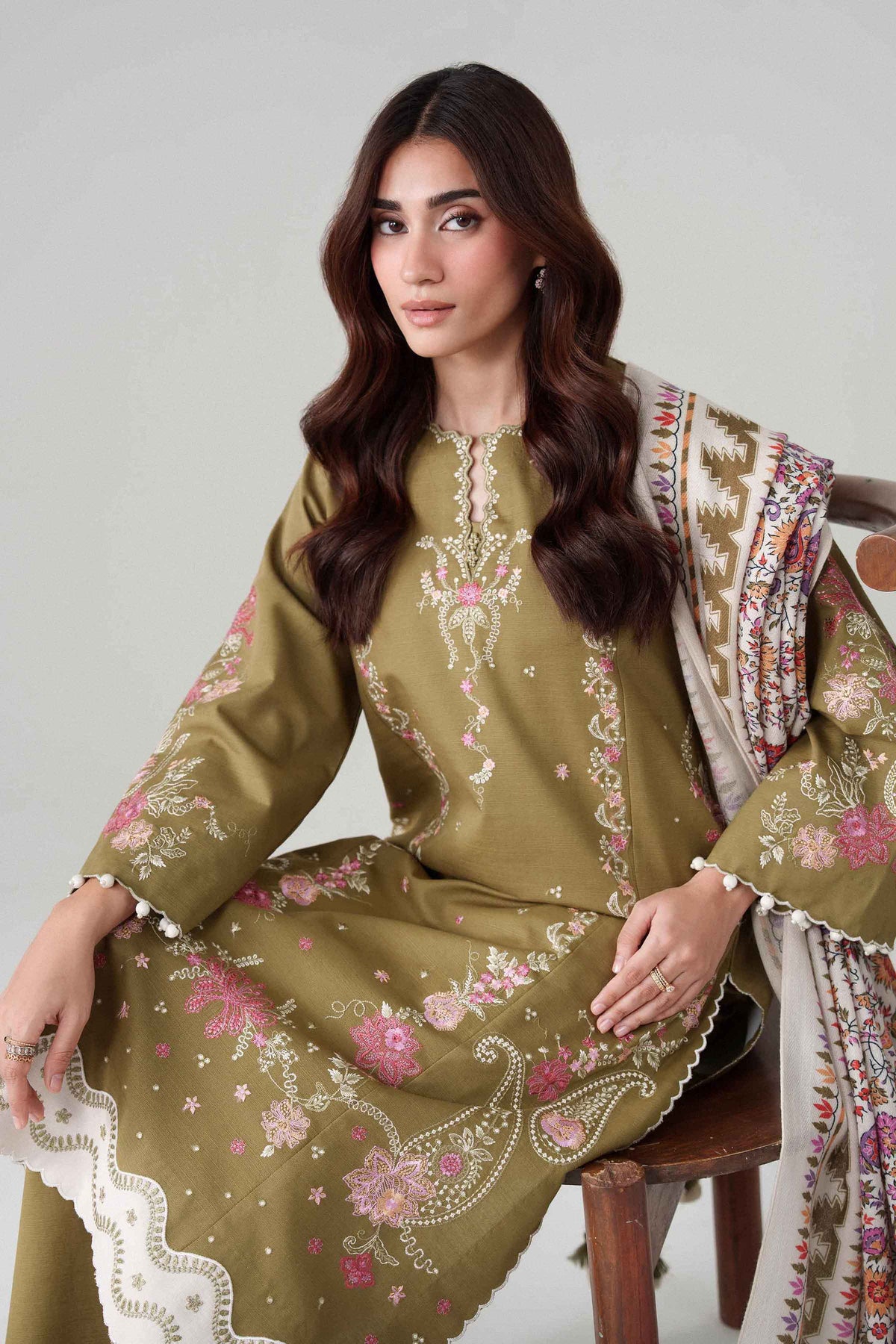 Green 3-Piece Printed Embroidered Suit in Khaddar unstitched