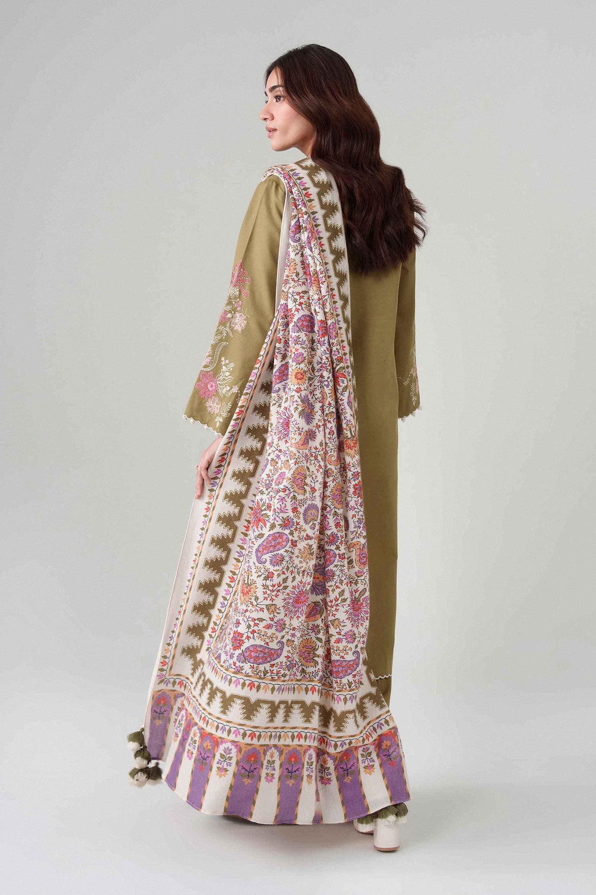 Green 3-Piece Printed Embroidered Suit in Khaddar unstitched
