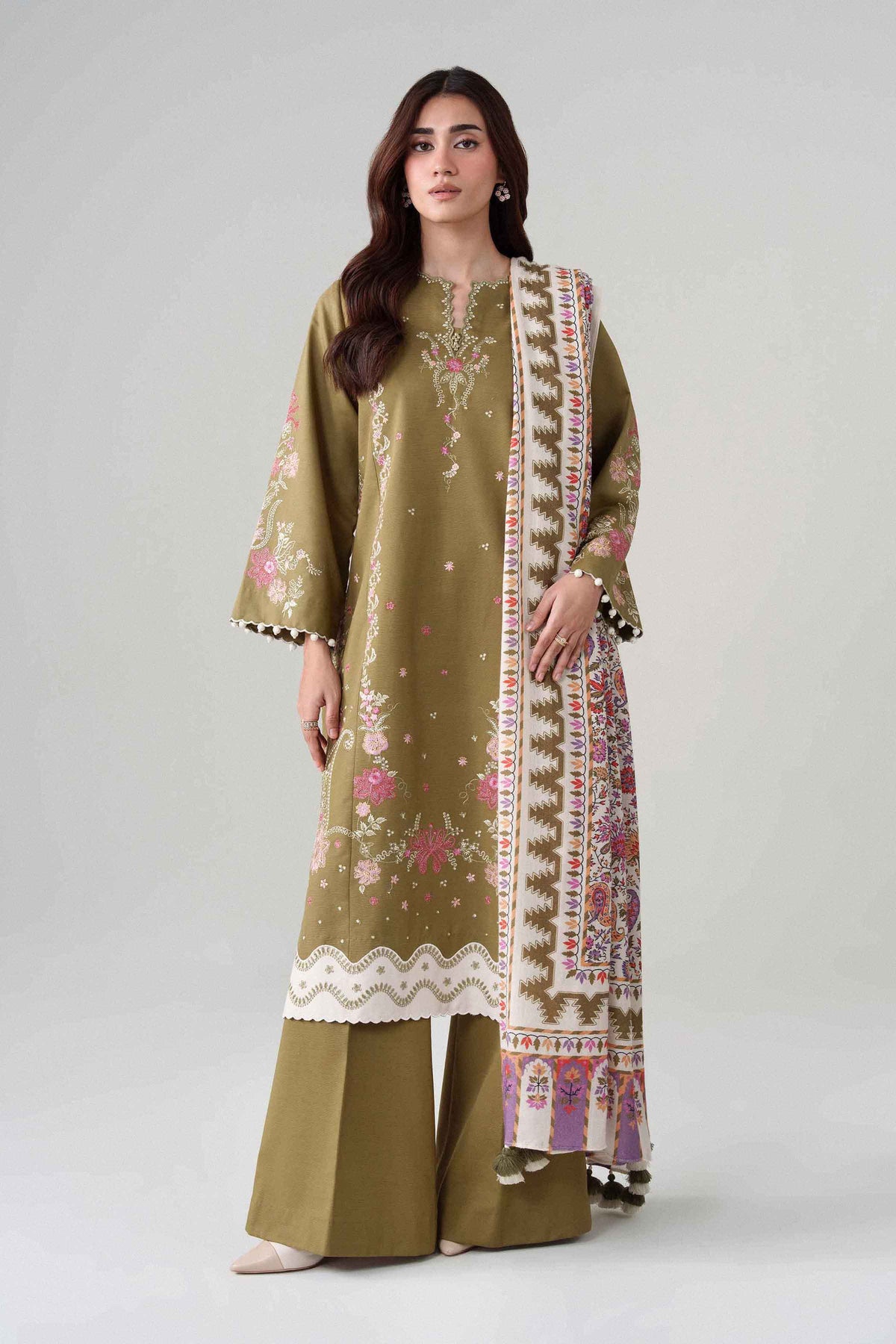 Green 3-Piece Printed Embroidered Suit in Khaddar unstitched